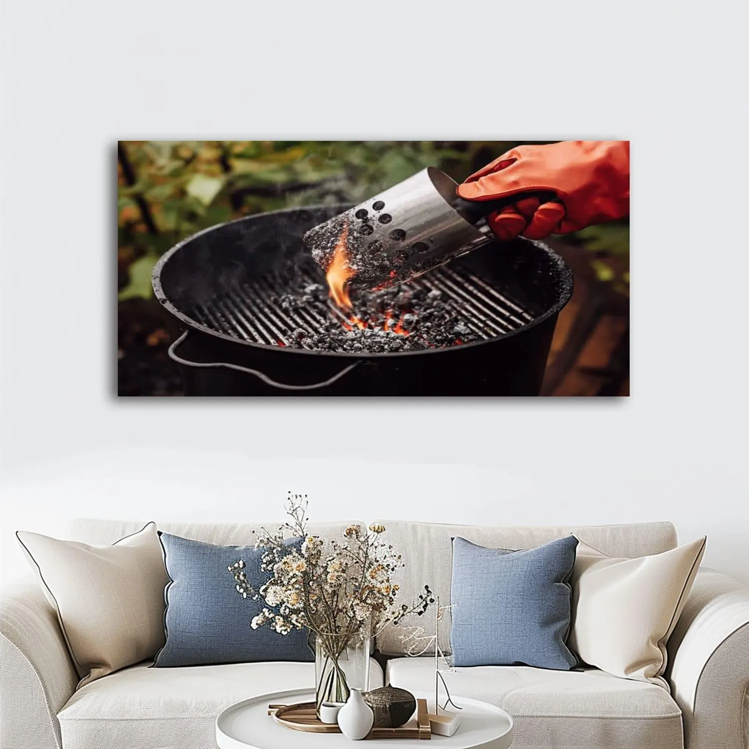 Large Wall Art Prints 20"x40" Close up man gloves chimney starter barbecue grill open air Framed Canvas Wall Art Painting Artwork Poster Picture Wall Decor for Living Room Bedroom Hanging