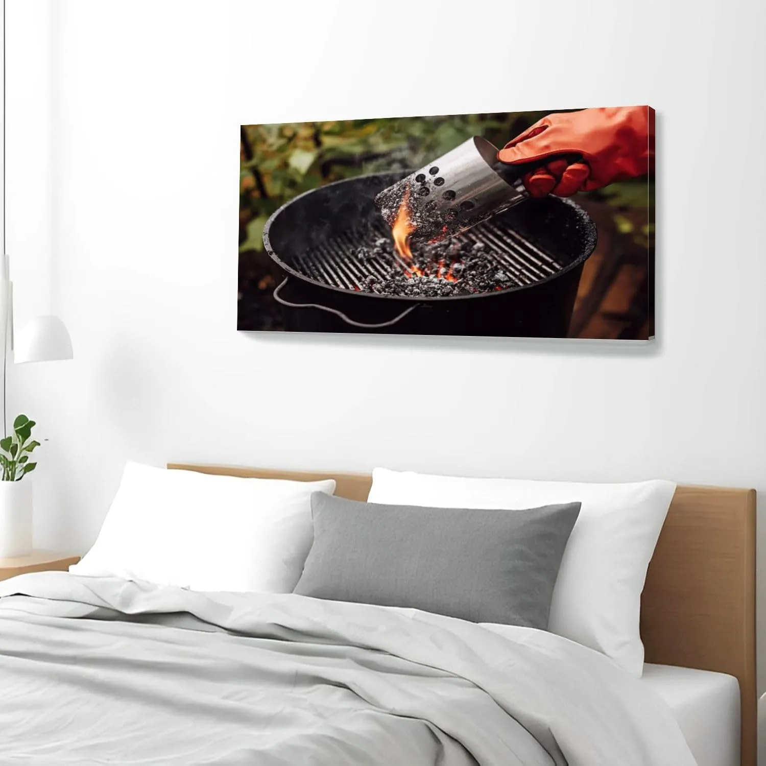 Large Wall Art Prints 20"x40" Close up man gloves chimney starter barbecue grill open air Framed Canvas Wall Art Painting Artwork Poster Picture Wall Decor for Living Room Bedroom Hanging