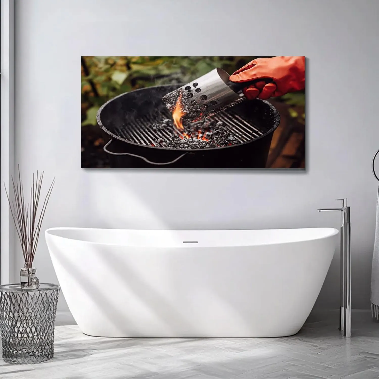 Large Wall Art Prints 20"x40" Close up man gloves chimney starter barbecue grill open air Framed Canvas Wall Art Painting Artwork Poster Picture Wall Decor for Living Room Bedroom Hanging