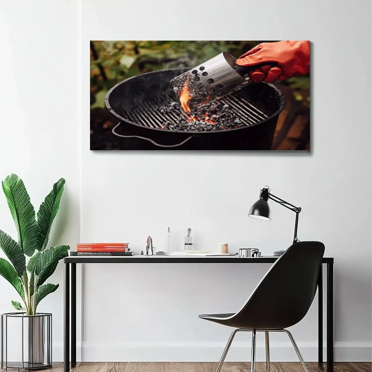 Large Wall Art Prints 20"x40" Close up man gloves chimney starter barbecue grill open air Framed Canvas Wall Art Painting Artwork Poster Picture Wall Decor for Living Room Bedroom Hanging