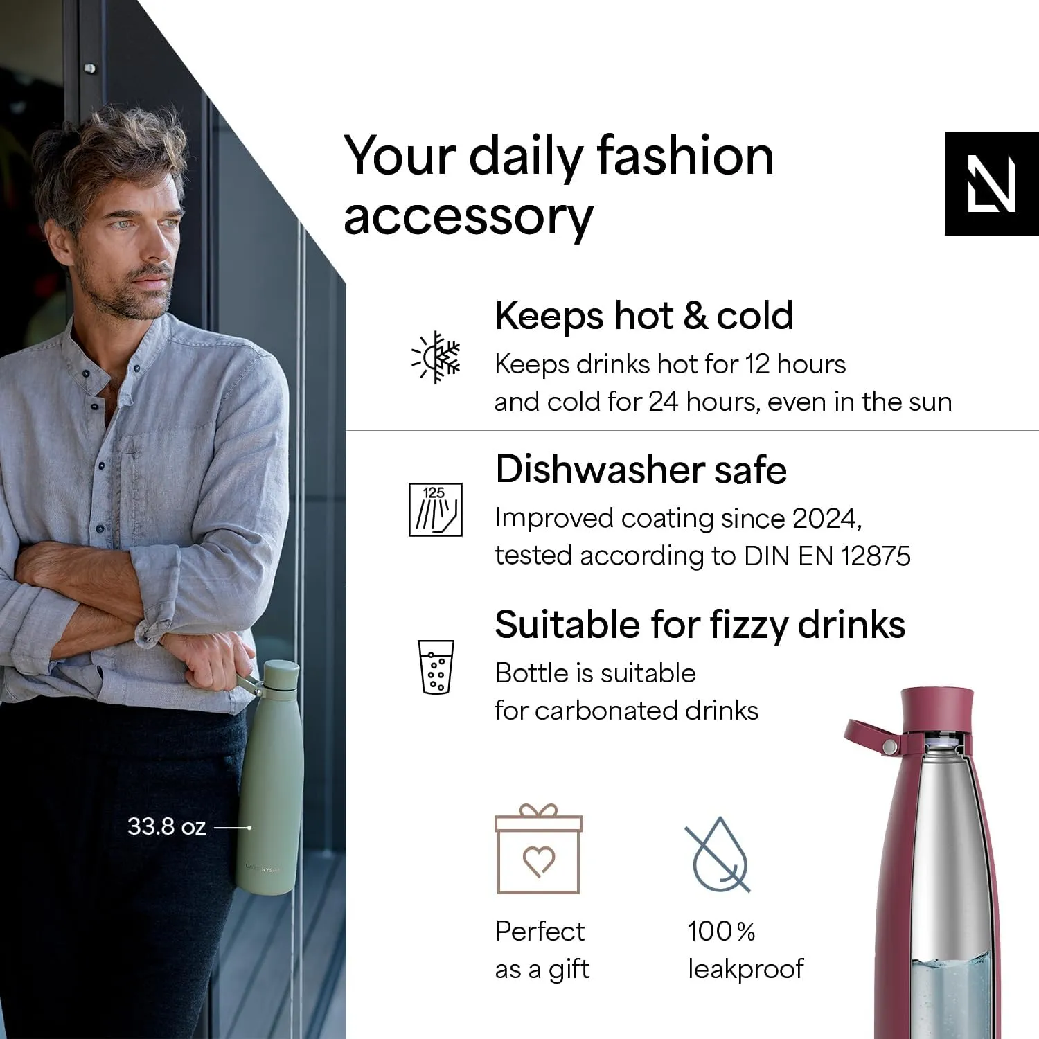 LARS NYSØM Stainless Steel Insulated Water Bottle 25oz 34oz | Insulated Thermo Flask for Hot and Cold Beverages | Leakproof Drinking Bottle (Berry Red, 33.9oz)