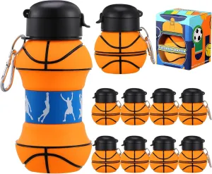 Layhit 8 Pcs Silicone Basketball Water Bottle for Kids 18oz Collapsible Basketball Cups Team Gifts Folding Water Bottle with Hook for Sports Theme Party Supplies School Travel