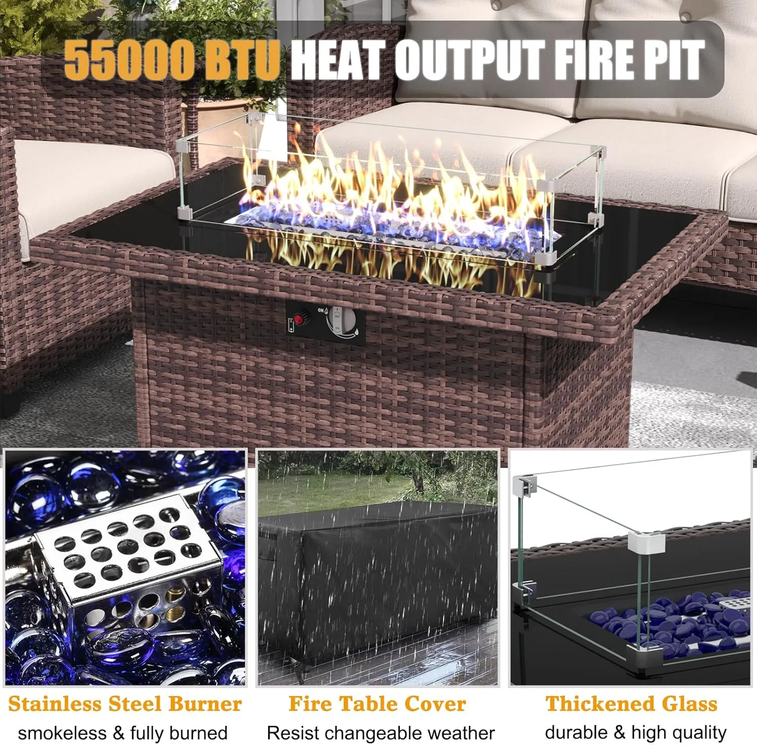 LayinSun 10 Pieces Patio Furniture Set with Swivel Chairs, Rattan Wicker Rocking Glide Chairs with 44" Propane Gas Fire Pit Table Conversation Set