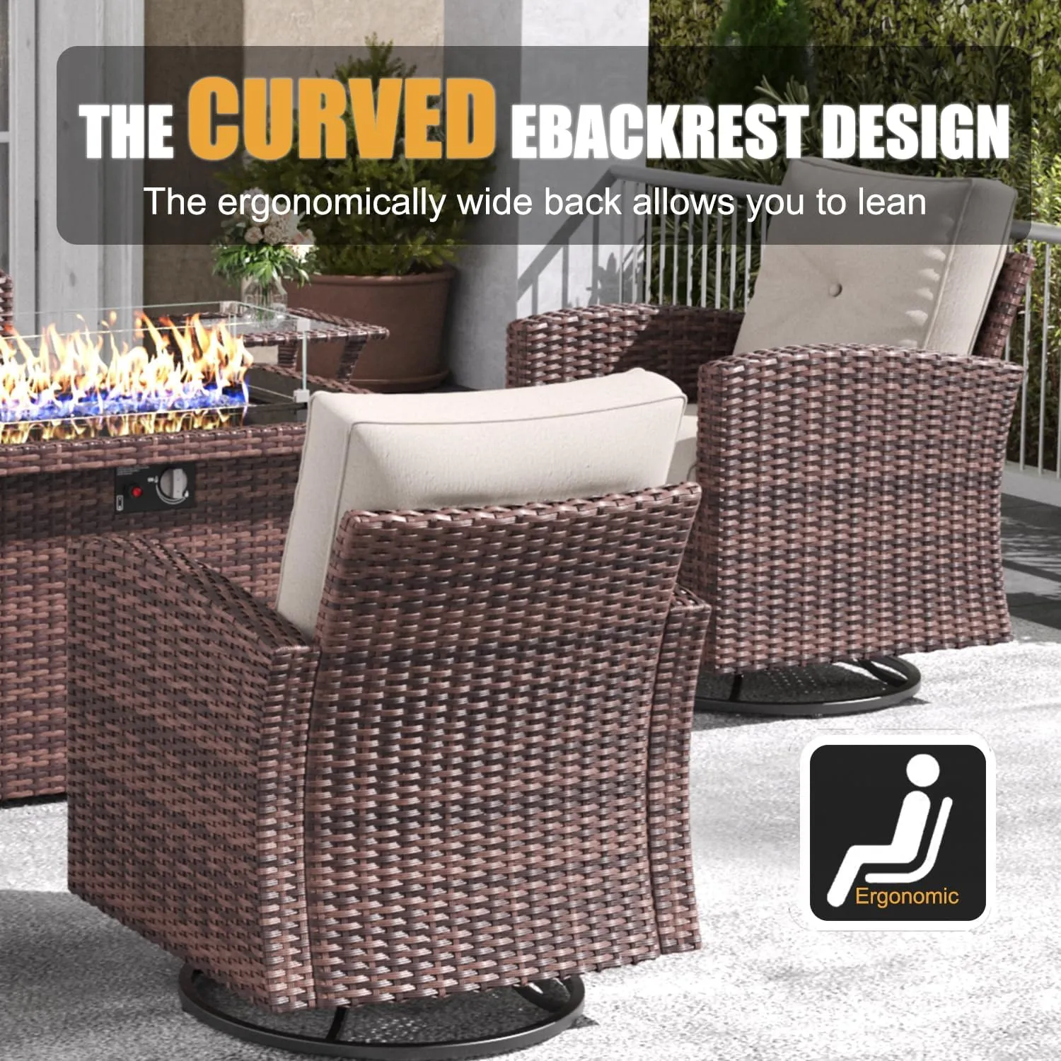 LayinSun 10 Pieces Patio Furniture Set with Swivel Chairs, Rattan Wicker Rocking Glide Chairs with 44" Propane Gas Fire Pit Table Conversation Set