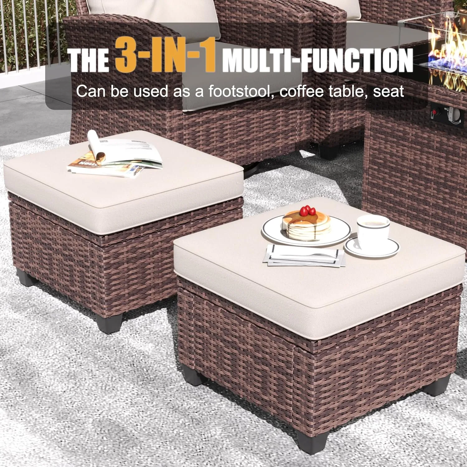 LayinSun 10 Pieces Patio Furniture Set with Swivel Chairs, Rattan Wicker Rocking Glide Chairs with 44" Propane Gas Fire Pit Table Conversation Set