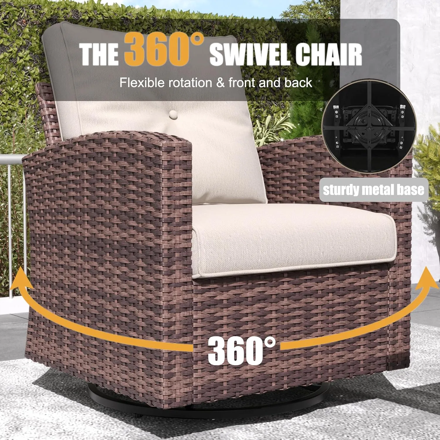 LayinSun 10 Pieces Patio Furniture Set with Swivel Chairs, Rattan Wicker Rocking Glide Chairs with 44" Propane Gas Fire Pit Table Conversation Set