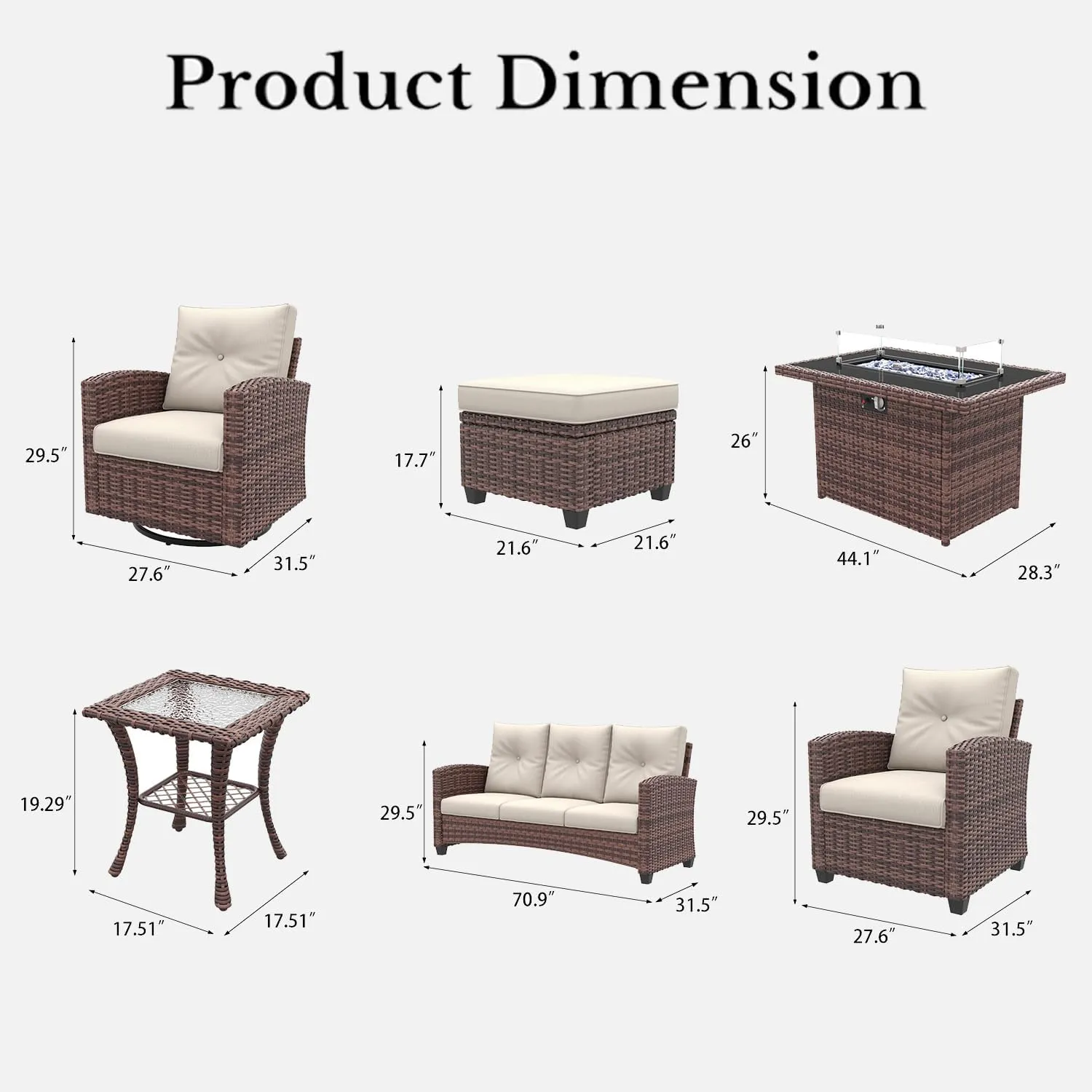 LayinSun 10 Pieces Patio Furniture Set with Swivel Chairs, Rattan Wicker Rocking Glide Chairs with 44" Propane Gas Fire Pit Table Conversation Set