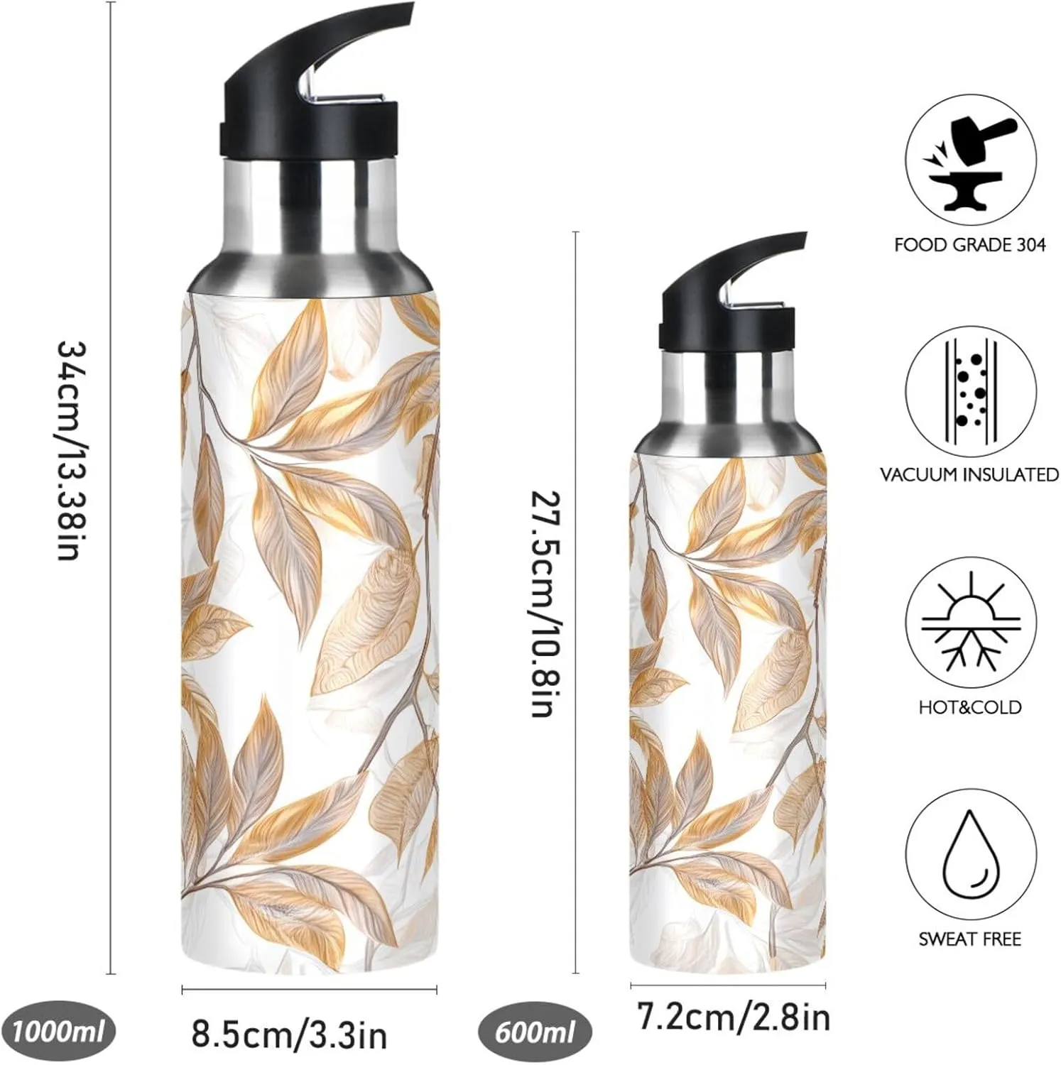 Leaves Sports Water Bottle with Straw, 22oz BPA Free Stainless Steel Vacuum Insulated Bottle for Gym Fitness Outdoor