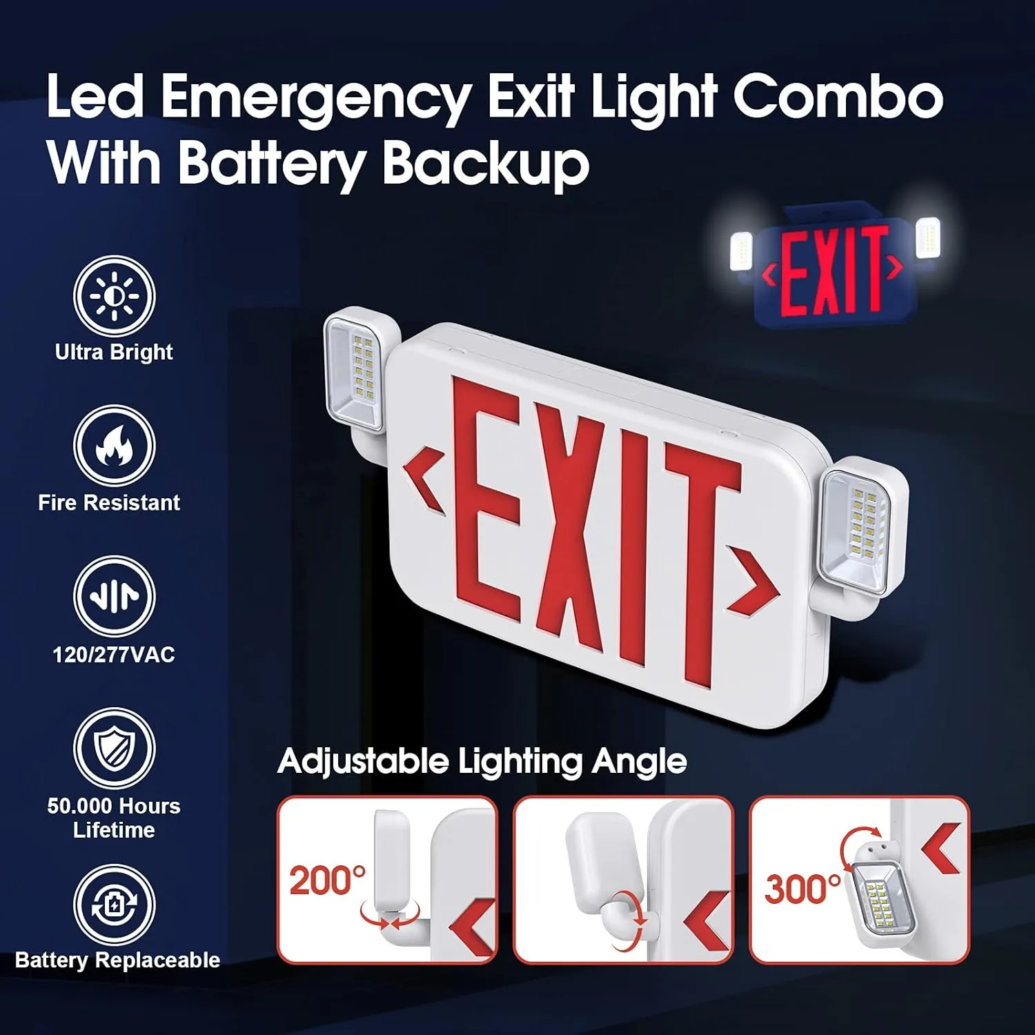 Led Combo Emergency Exit Sign Light with Two Adjustable Head Lights and Backup Battery Exit Light,US Standard Red Letter Commercial Emergency Exit Lighting,UL 924,AC120/277V (2Pack)