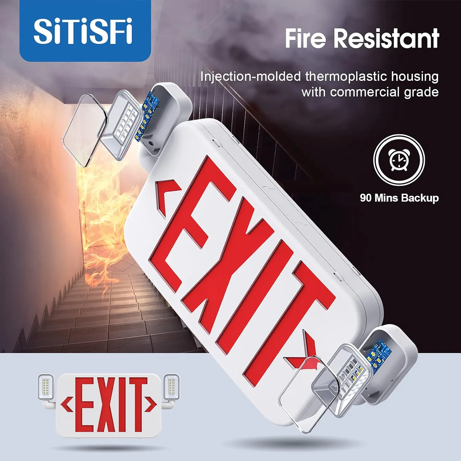 Led Combo Emergency Exit Sign Light with Two Adjustable Head Lights and Backup Battery Exit Light,US Standard Red Letter Commercial Emergency Exit Lighting,UL 924,AC120/277V (2Pack)