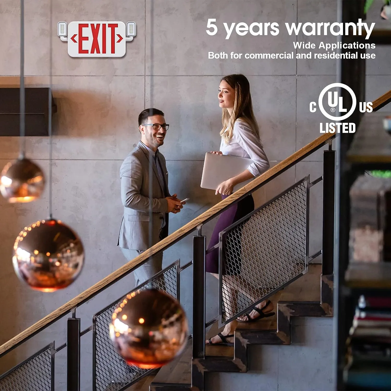 Led Combo Emergency Exit Sign Light with Two Adjustable Head Lights and Backup Battery Exit Light,US Standard Red Letter Commercial Emergency Exit Lighting,UL 924,AC120/277V (2Pack)