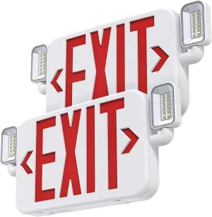 Led Combo Emergency Exit Sign Light with Two Adjustable Head Lights and Backup Battery Exit Light,US Standard Red Letter Commercial Emergency Exit Lighting,UL 924,AC120/277V (2Pack)