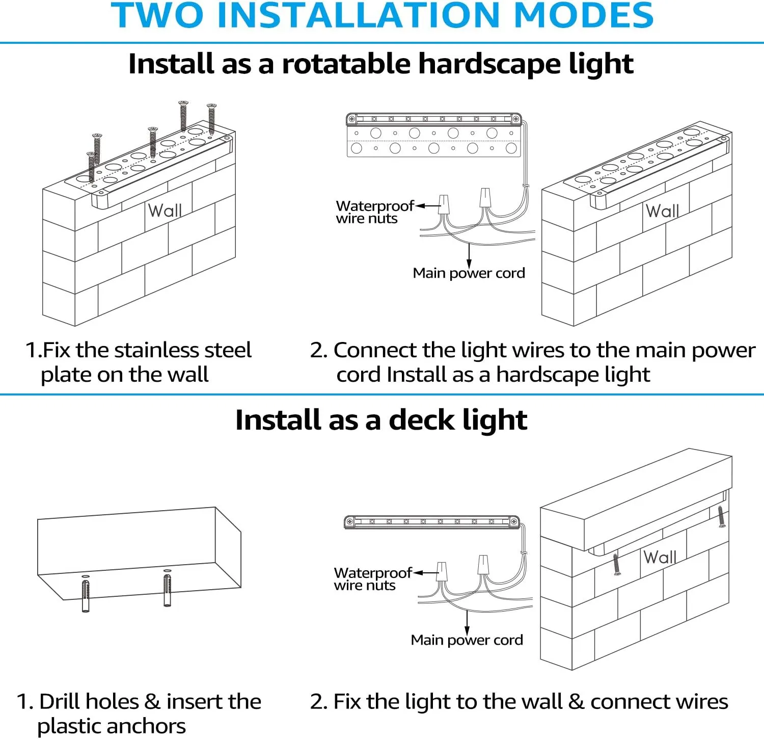 LEONLITE 8-Pack Premium Series 12 Inch Dimmable LED Hardscape Lighting 3 Way, 3W/5W/7W Retaining Wall Lights, Low Voltage Landscape Lights, 12V Paver Light, Outdoor Step Light, 5000K Daylight, ETL