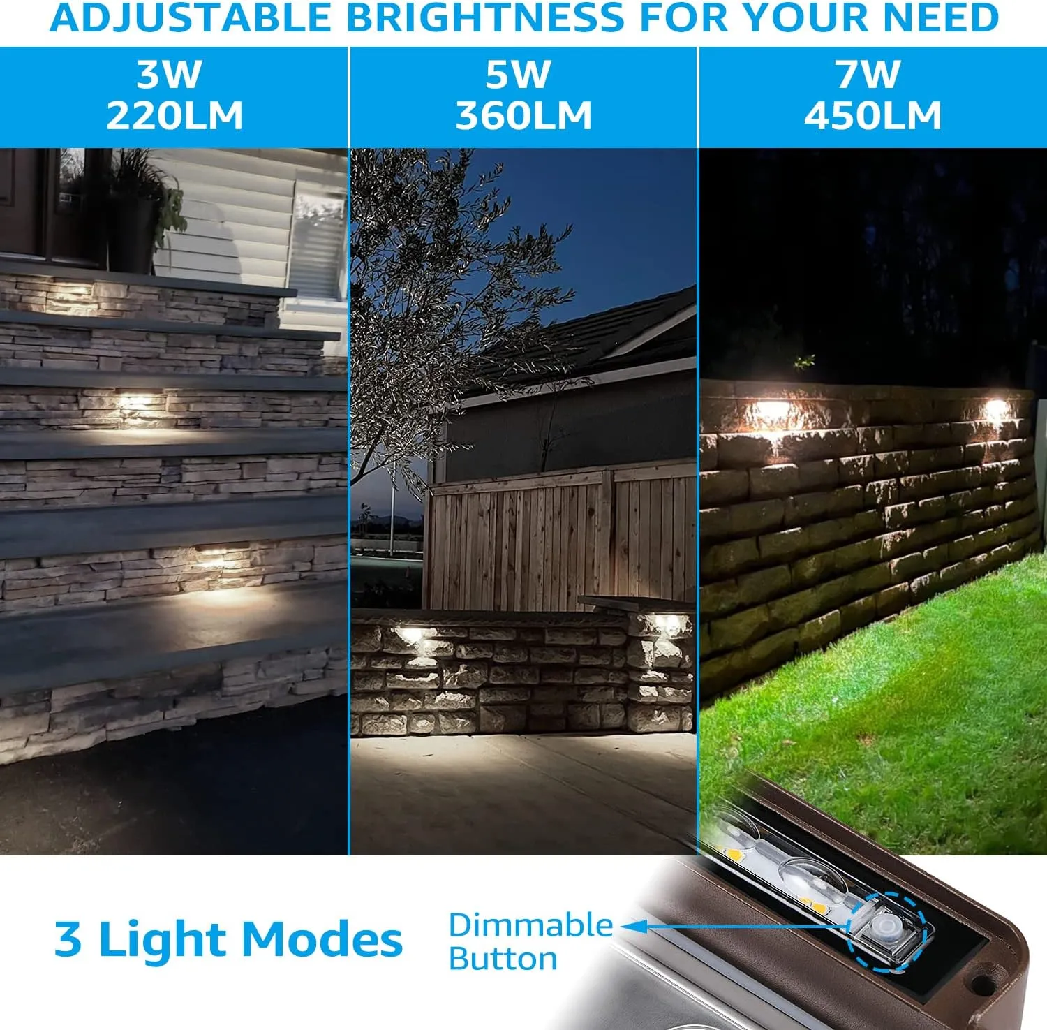 LEONLITE 8-Pack Premium Series 12 Inch Dimmable LED Hardscape Lighting 3 Way, 3W/5W/7W Retaining Wall Lights, Low Voltage Landscape Lights, 12V Paver Light, Outdoor Step Light, 5000K Daylight, ETL