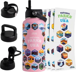 LET'S WANDER National Parks Water Bottle with 3 Lids & 63 Waterproof Stickers - 32oz Leakproof Insulated Stainless Steel with Straw - Parks of the USA Hiker Bucket List Gift Bottle (Pink)