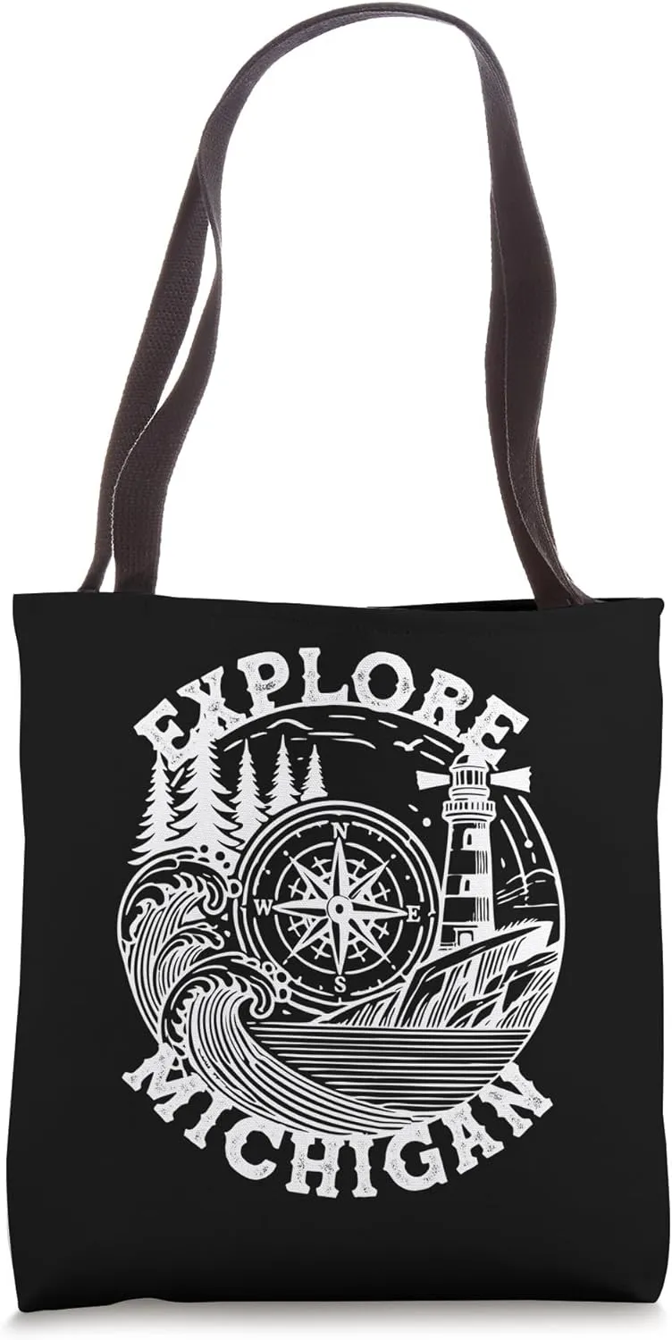 Lighthouse Compass Explore Michigan Souvenir Tote Bag