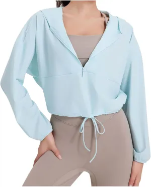 Lightweight Workout Jacket for Women Cropped Athletic Gym Running Hoodie UV Protection Half Zip Pullover UPF 50 