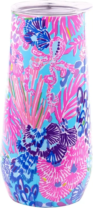 Lilly Pulitzer 10 Oz Stemless Champagne Flute, Small Stainless Steel Tumbler with Lid, Double Wall Insulated Metal Cup, Splendor in the Sand