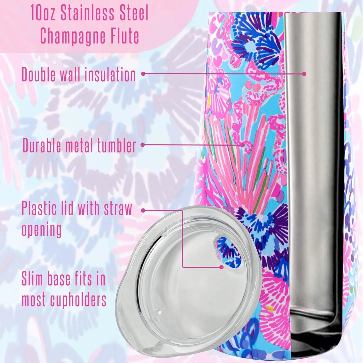 Lilly Pulitzer 10 Oz Stemless Champagne Flute, Small Stainless Steel Tumbler with Lid, Double Wall Insulated Metal Cup, Splendor in the Sand