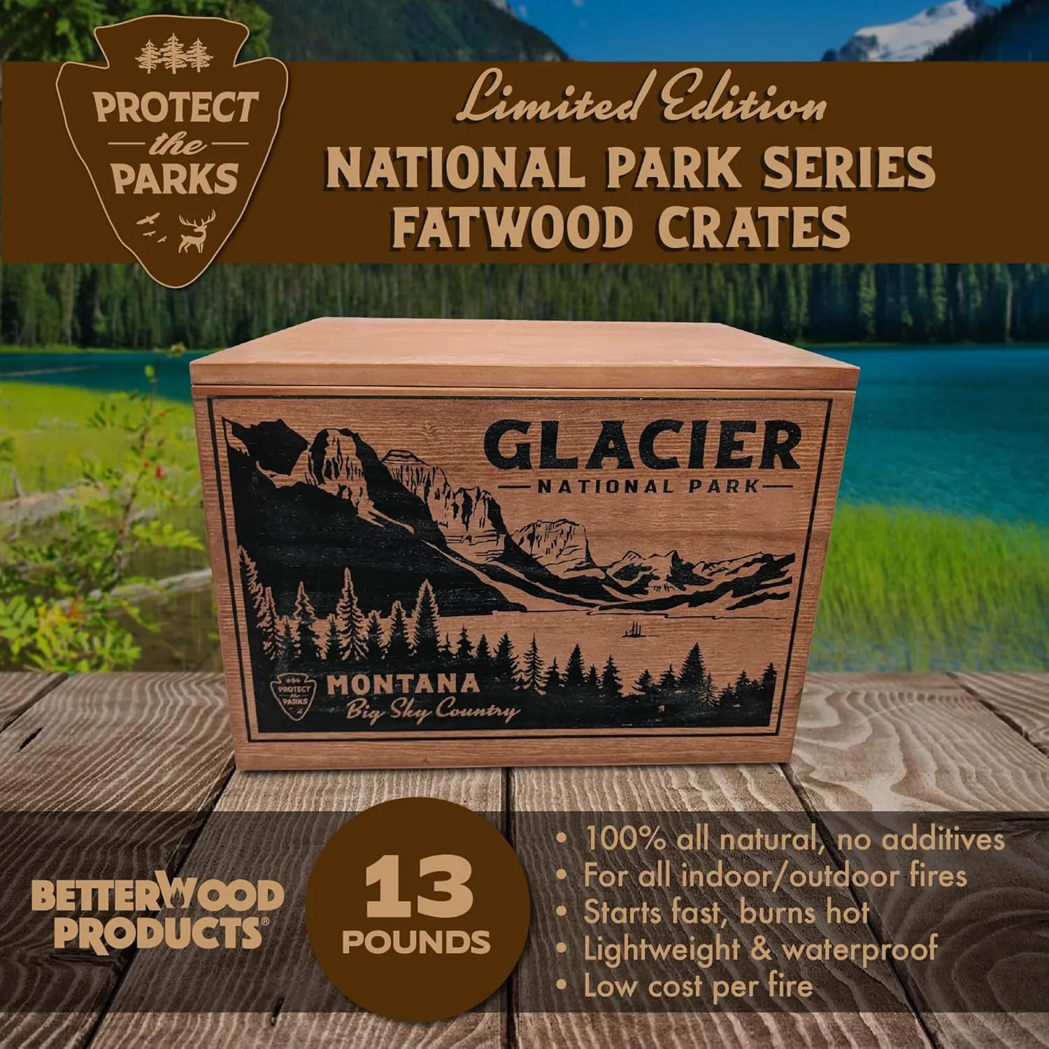 Limited Edition Protect The Parks Series All Natural Fatwood Fire Starter Sticks for Wood Stove 13-lb Wooden Crate, Glacier