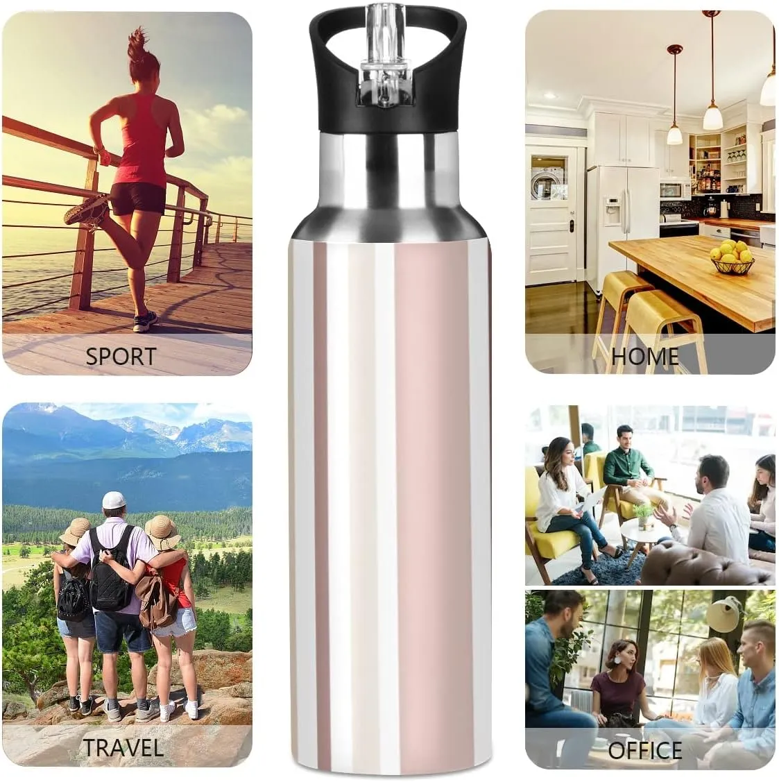 linqin Abstract Stripe Color Stainless Steel Insulated Water Bottle with Straw, BPA Free Leakproof Reusable Drink Jug for Fitness Sports Hiking Outdoors