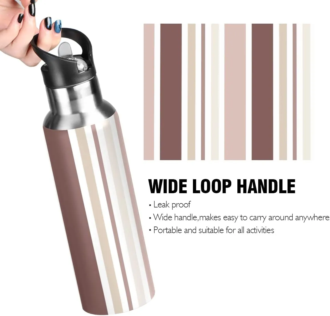 linqin Abstract Stripe Color Stainless Steel Insulated Water Bottle with Straw, BPA Free Leakproof Reusable Drink Jug for Fitness Sports Hiking Outdoors
