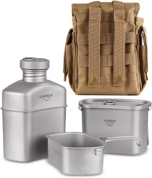 Lixada Titanium Canteen Military Mess Kit 1100ml 37oz Capacity with 750ml   400ml Cookware Cups   Nylon Pouch, Portable Lightweight Outdoor Cooking Set for Camping Hiking Backpacking Picnic