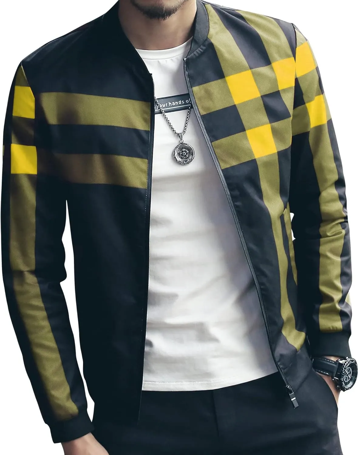 LOGEEYAR Men's Bomber Jacket Casual Lightweight Jacket Color Block Windbreaker Coat with Pocket