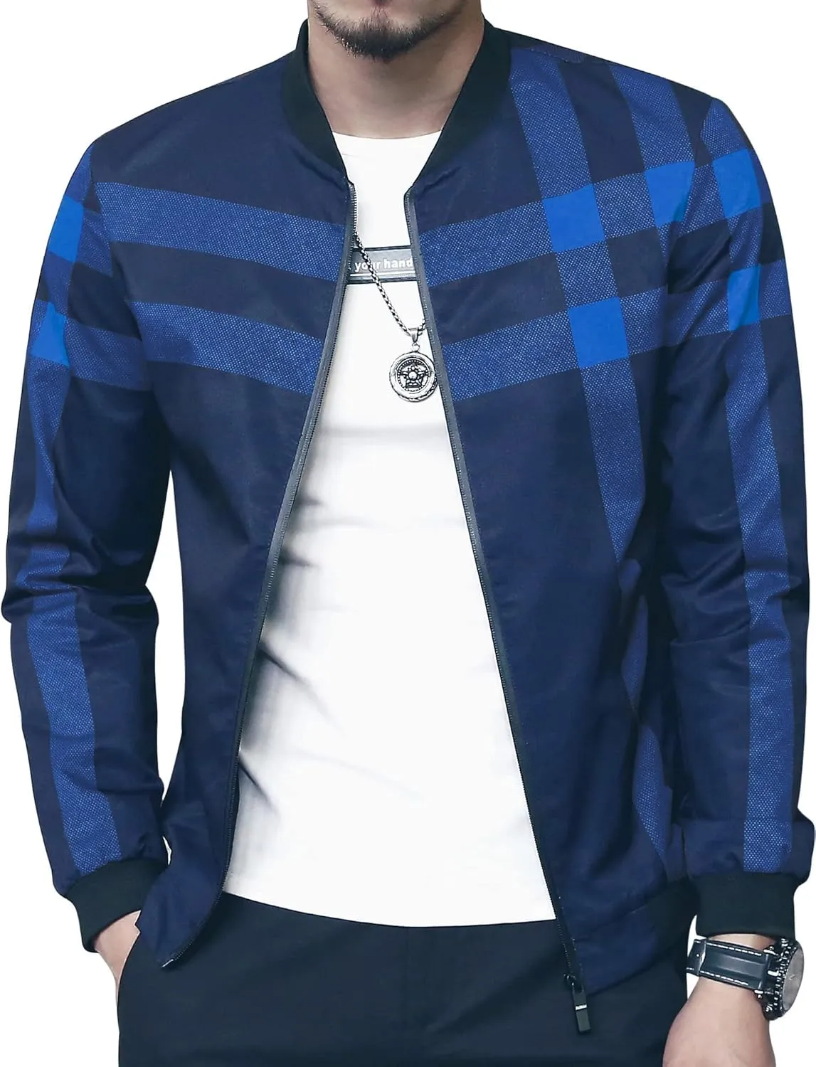 LOGEEYAR Men's Bomber Jacket Casual Lightweight Jacket Color Block Windbreaker Coat with Pocket