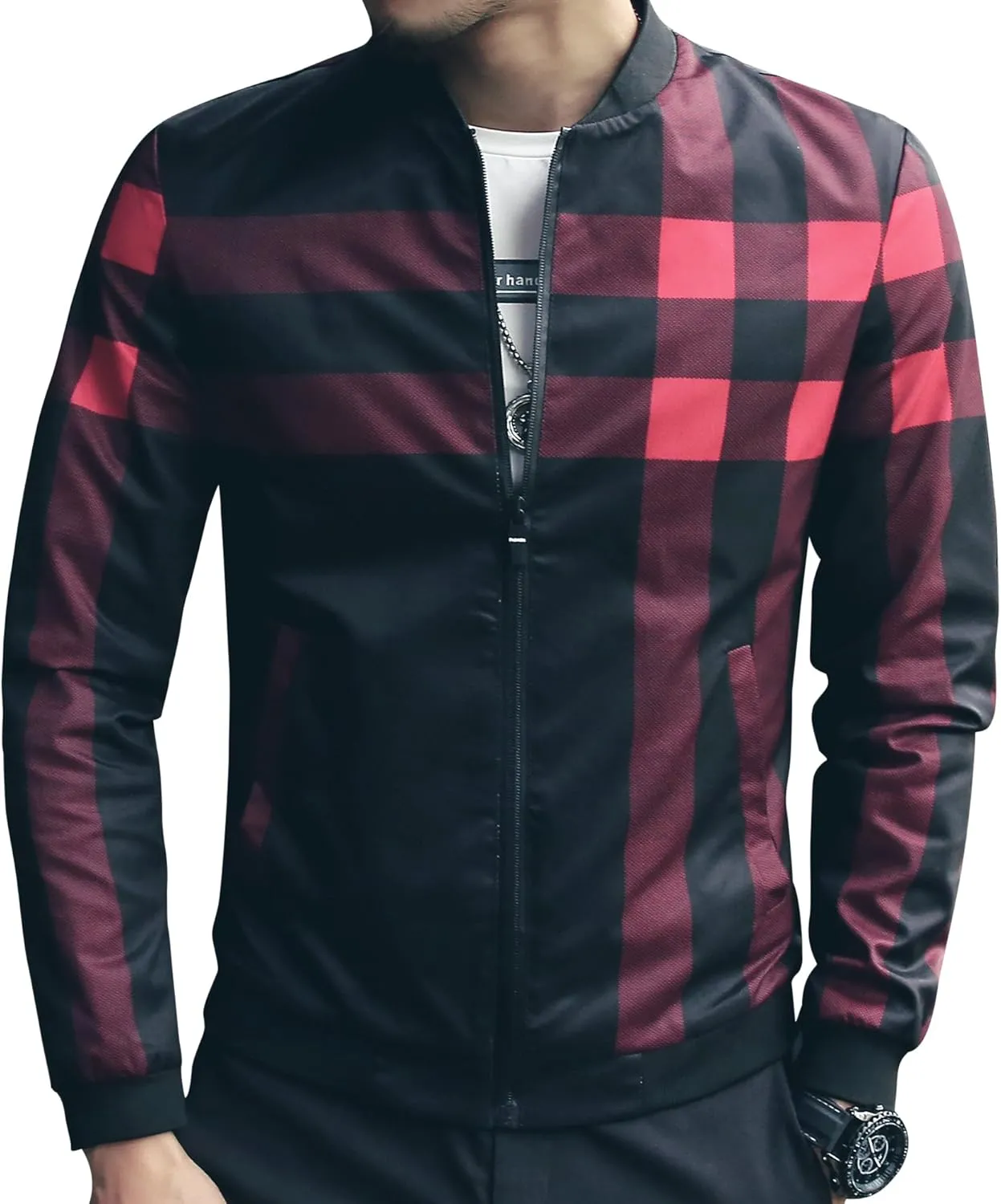 LOGEEYAR Men's Bomber Jacket Casual Lightweight Jacket Color Block Windbreaker Coat with Pocket