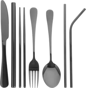 LOGOFUN Stainless Steel Cutlery Stainless Steel Tableware Set Portable Cutter Fork Spoon Kit for Outdoor Travel Supplies - Black