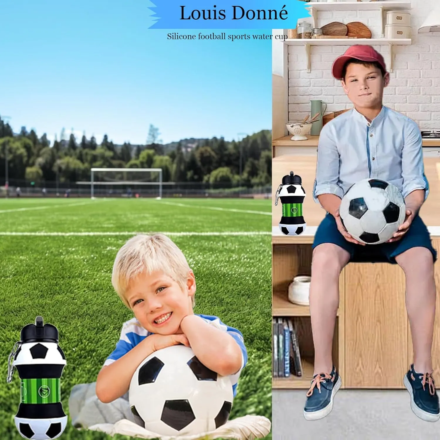 Louis Donné 100 Percent Food Grade Folding Pull Up Silicon Soccer Water Bottle With Straw Collapsible Toddler for School Outdoor Birthday Gifts for Boys And Girls for Travel Space Saving