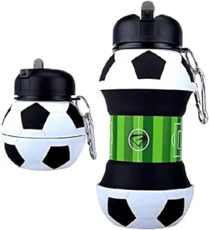 Louis Donné 100 Percent Food Grade Folding Pull Up Silicon Soccer Water Bottle With Straw Collapsible Toddler for School Outdoor Birthday Gifts for Boys And Girls for Travel Space Saving