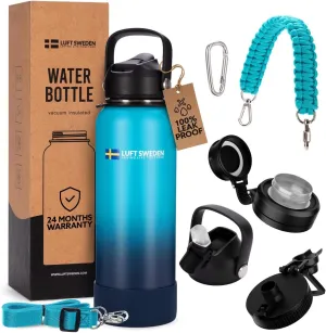 LUFT SWEDEN 40 oz Deep Blue Insulated Water Bottle with Straw Lid – Stainless Steel, Leakproof, Dishwasher Safe – Reusable Double Wall Gym Flask – Ice-Cold Drinks All Day – BPA-Free, Sweatproof