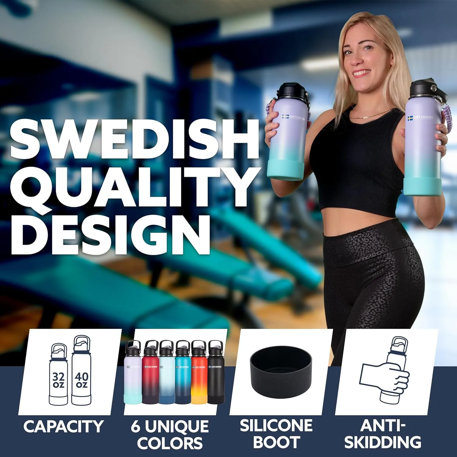 LUFT SWEDEN 40 oz Sky Blue Insulated Water Bottle with Straw Lid – Stainless Steel, Leakproof & Dishwasher Safe – Reusable Double Wall Flask for Gym, Travel, Cold Drinks – BPA-Free & Sweatproof