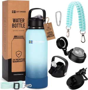 LUFT SWEDEN 40 oz Sky Blue Insulated Water Bottle with Straw Lid – Stainless Steel, Leakproof & Dishwasher Safe – Reusable Double Wall Flask for Gym, Travel, Cold Drinks – BPA-Free & Sweatproof