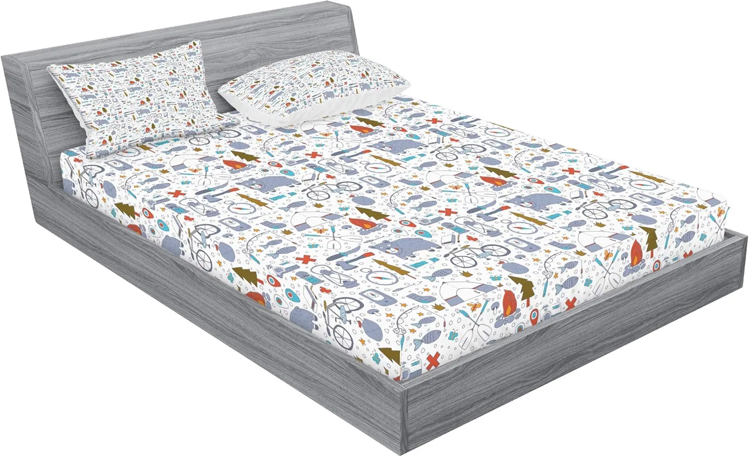 Lunarable Camping Fitted Sheet & Pillow Sham Set, Cartoon Bear Tent and Compass Outdoor Hobby Theme Hiking Doodle, Decorative Printed 3 Piece Bedding Decor Set, Queen, Vermilion Bluegrey