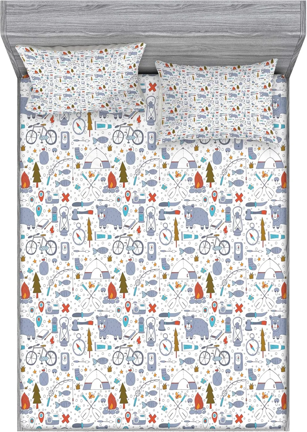 Lunarable Camping Fitted Sheet & Pillow Sham Set, Cartoon Bear Tent and Compass Outdoor Hobby Theme Hiking Doodle, Decorative Printed 3 Piece Bedding Decor Set, Queen, Vermilion Bluegrey