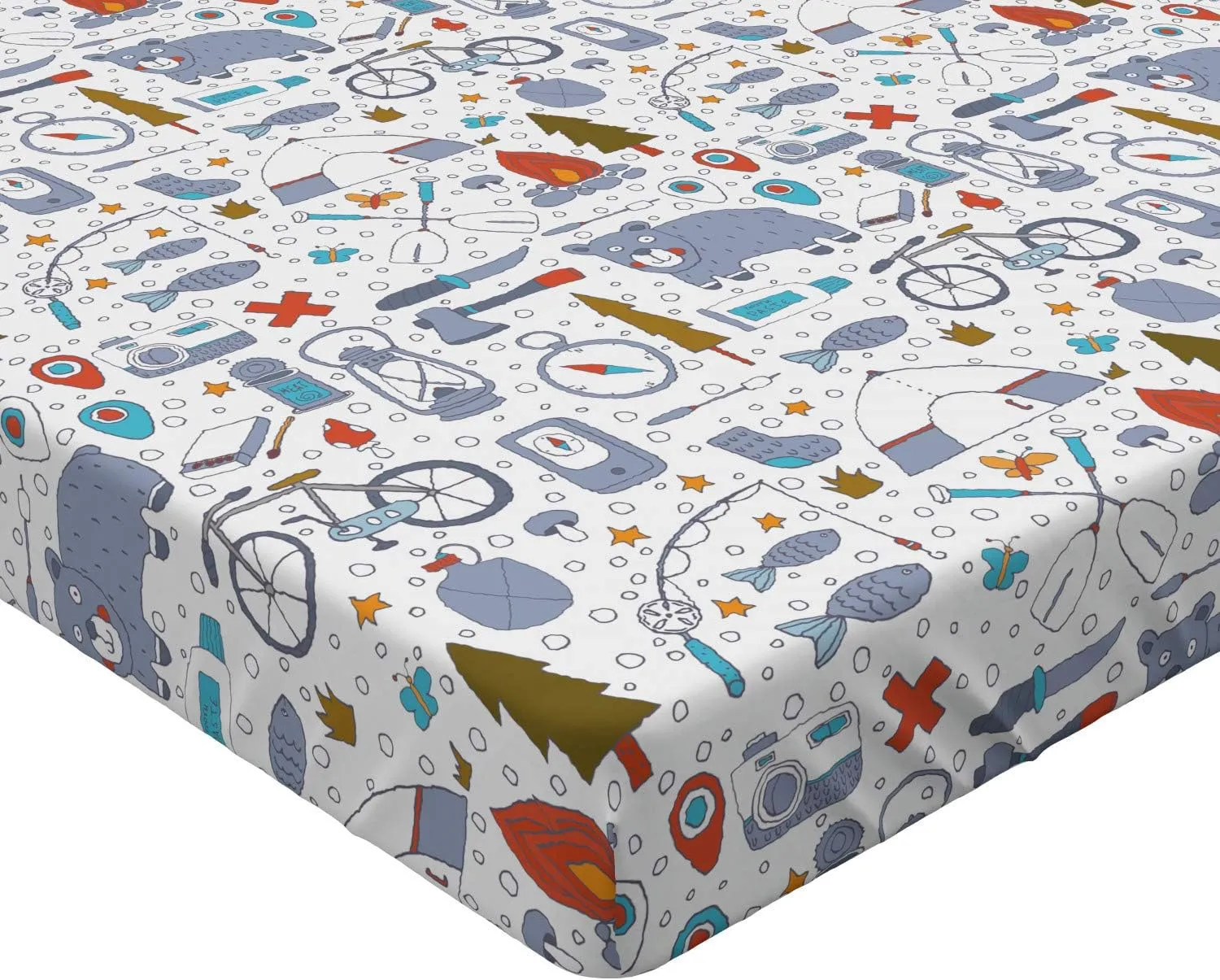 Lunarable Camping Fitted Sheet, Cartoon Bear Tent and Compass Outdoor Hobby Theme Hiking Doodle, Bed Cover with All-Round Elastic Deep Pocket for Comfort, Full Size, Vermilion Bluegrey