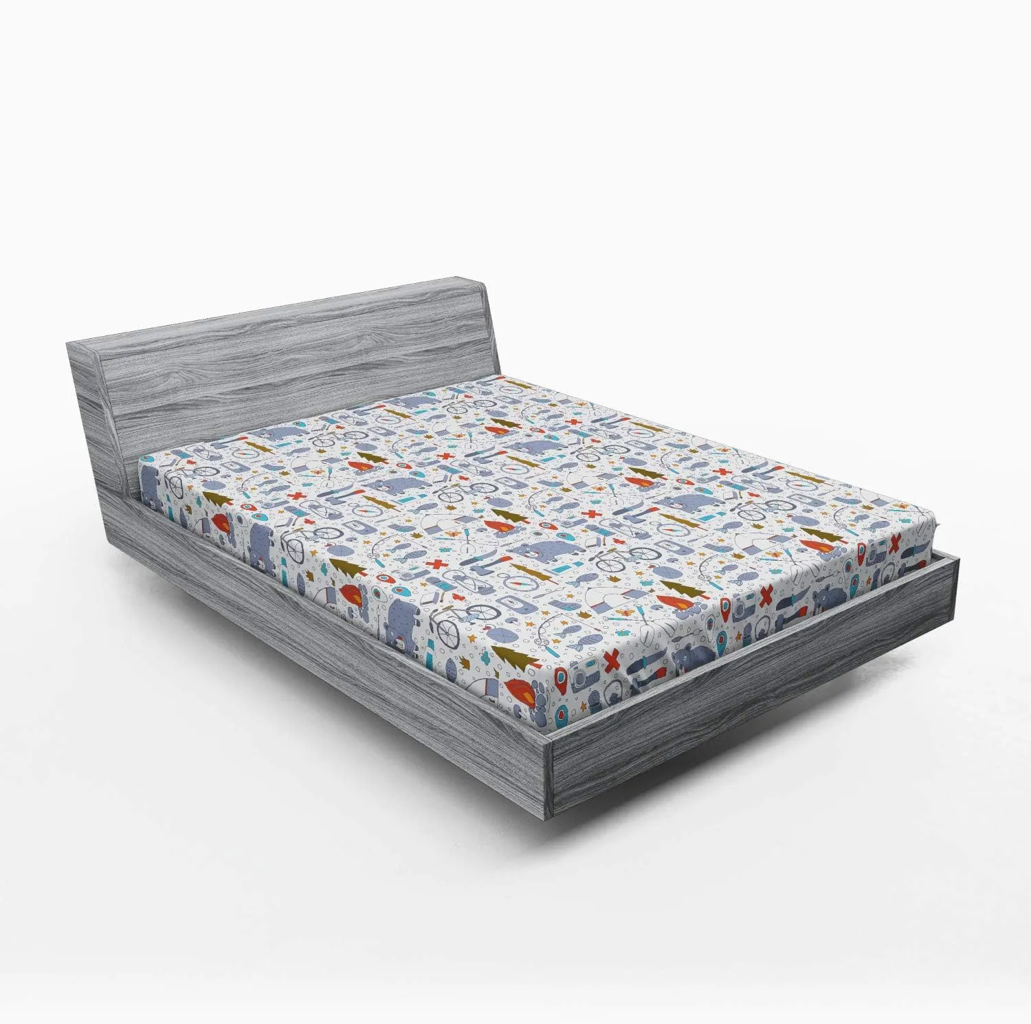 Lunarable Camping Fitted Sheet, Cartoon Bear Tent and Compass Outdoor Hobby Theme Hiking Doodle, Bed Cover with All-Round Elastic Deep Pocket for Comfort, Full Size, Vermilion Bluegrey
