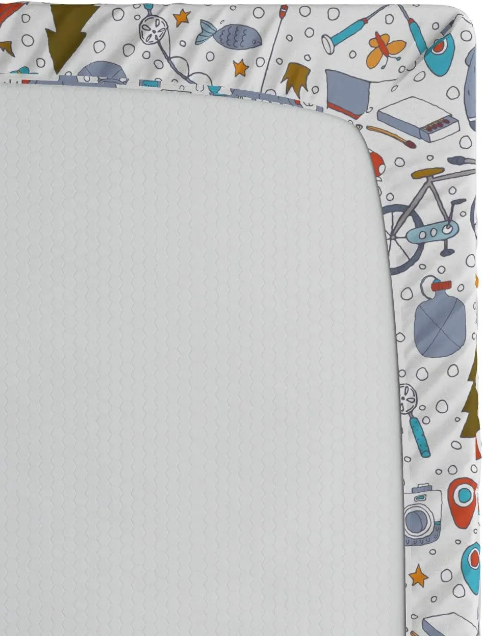 Lunarable Camping Fitted Sheet, Cartoon Bear Tent and Compass Outdoor Hobby Theme Hiking Doodle, Bed Cover with All-Round Elastic Deep Pocket for Comfort, Full Size, Vermilion Bluegrey