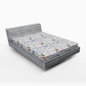 Lunarable Camping Fitted Sheet, Cartoon Bear Tent and Compass Outdoor Hobby Theme Hiking Doodle, Bed Cover with All-Round Elastic Deep Pocket for Comfort, Full Size, Vermilion Bluegrey