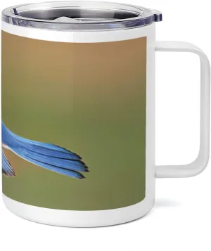 Lunarable Flying Birds 10 Oz Steel Mug, Male Eastern Bluebird Flying Closeup Photo, Vacuum Insulated Leak-resistant Cup for Outdoor Hiking and Picnics, Azure Blue Green