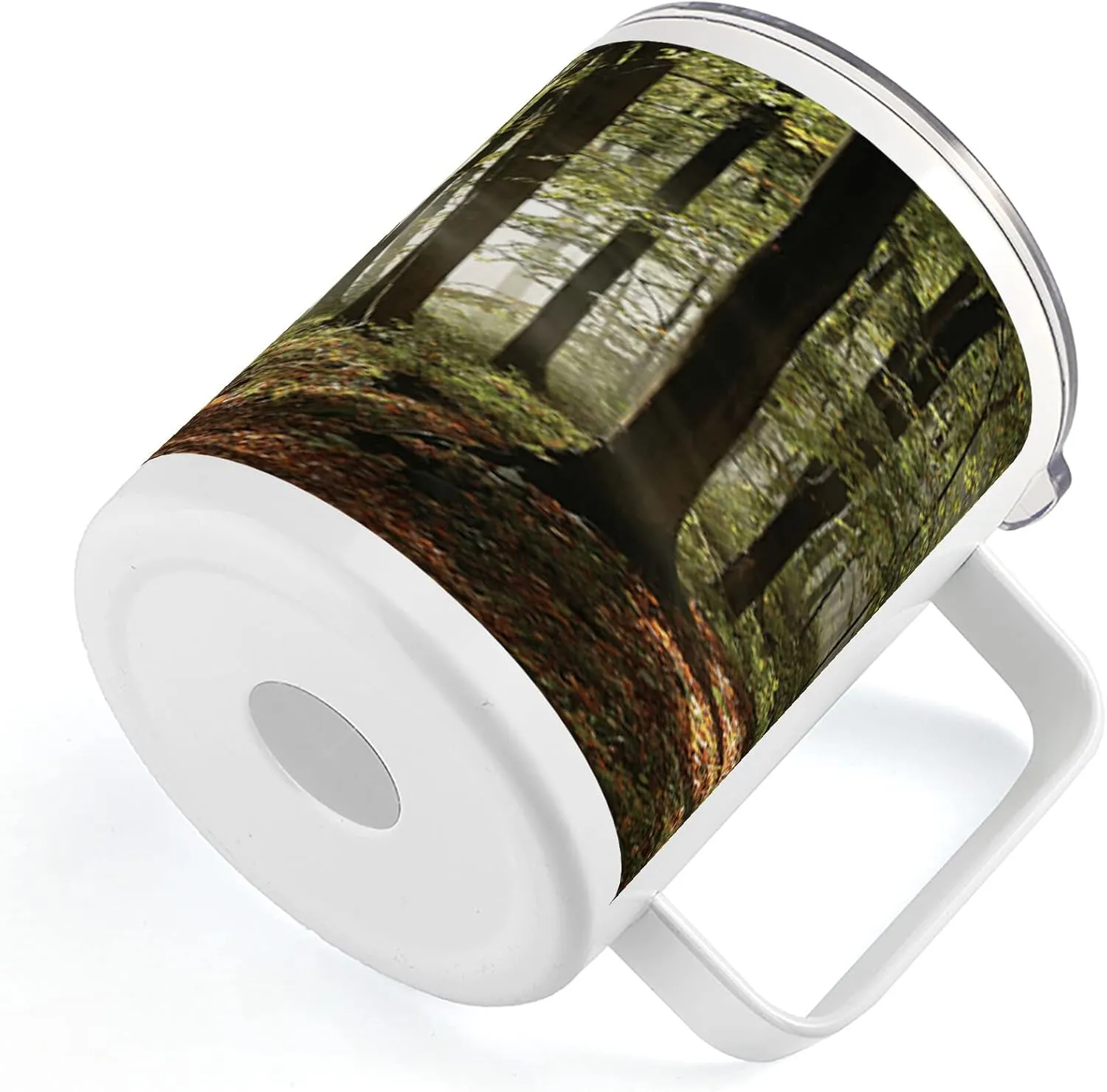 Lunarable Forest 10 Oz Steel Mug, Autumnal Woodland Pathway Mountains Mist in the Distance Wilderness Scene, Vacuum Insulated Leak-resistant Cup for Outdoor Hiking and Picnics, Green Brown