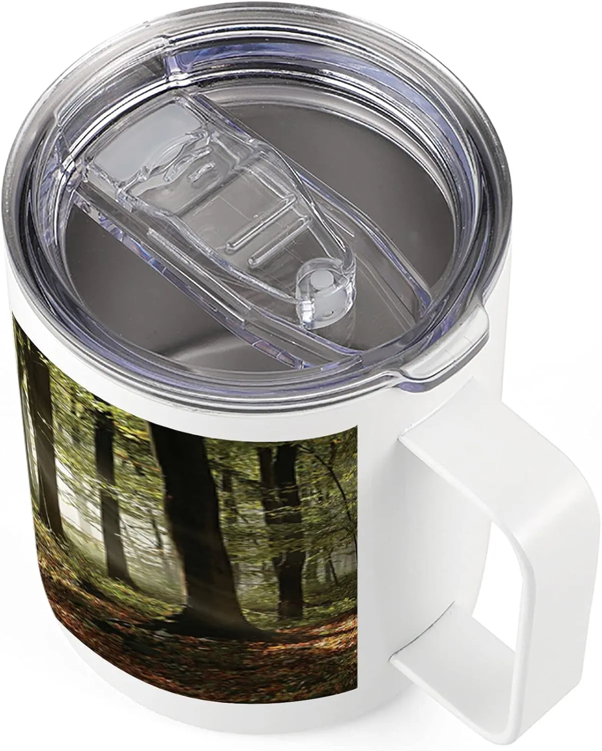 Lunarable Forest 10 Oz Steel Mug, Autumnal Woodland Pathway Mountains Mist in the Distance Wilderness Scene, Vacuum Insulated Leak-resistant Cup for Outdoor Hiking and Picnics, Green Brown