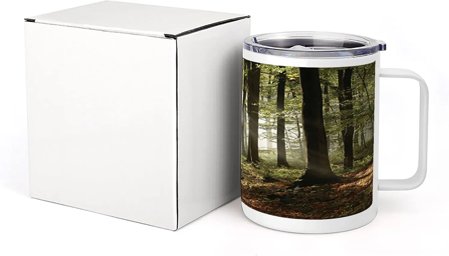 Lunarable Forest 10 Oz Steel Mug, Autumnal Woodland Pathway Mountains Mist in the Distance Wilderness Scene, Vacuum Insulated Leak-resistant Cup for Outdoor Hiking and Picnics, Green Brown