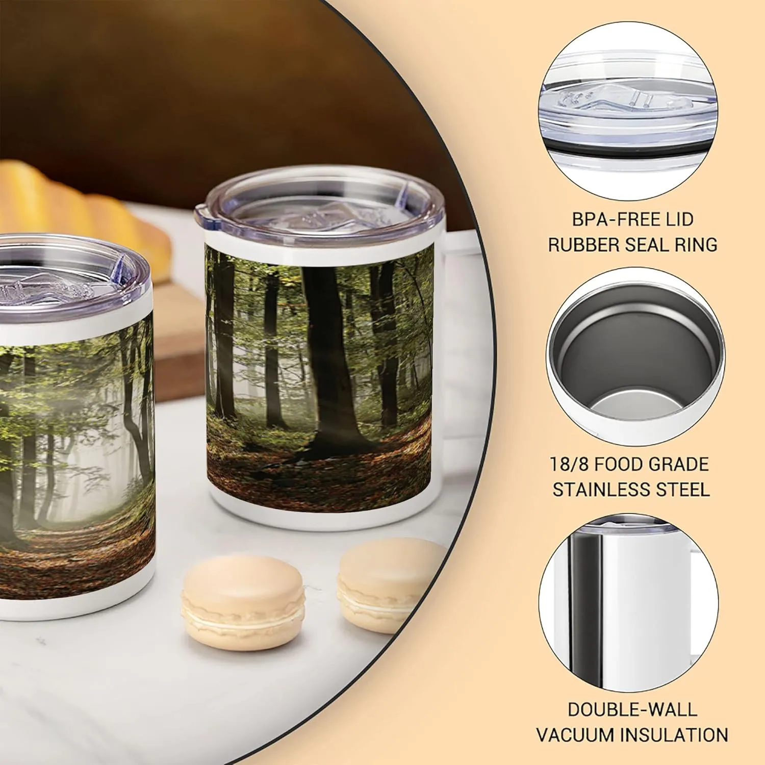 Lunarable Forest 10 Oz Steel Mug, Autumnal Woodland Pathway Mountains Mist in the Distance Wilderness Scene, Vacuum Insulated Leak-resistant Cup for Outdoor Hiking and Picnics, Green Brown