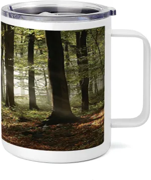 Lunarable Forest 10 Oz Steel Mug, Autumnal Woodland Pathway Mountains Mist in the Distance Wilderness Scene, Vacuum Insulated Leak-resistant Cup for Outdoor Hiking and Picnics, Green Brown