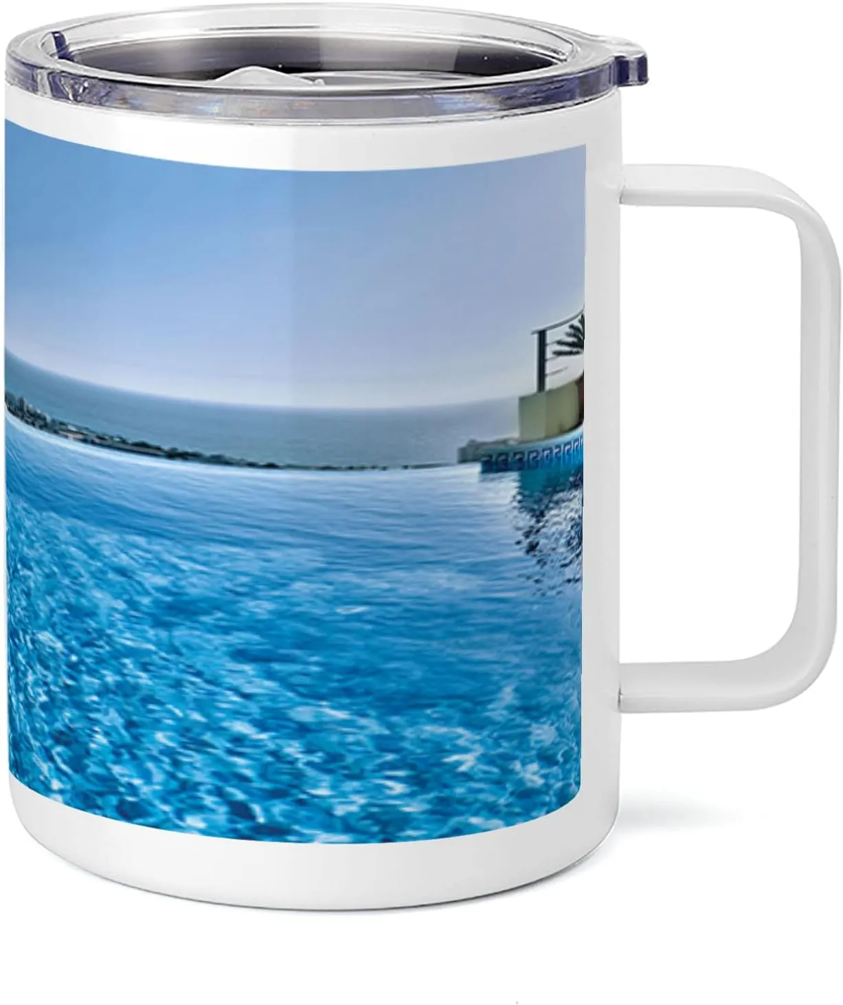 Lunarable Holiday 10 Oz Steel Mug, View from Infinity Swimming Pool Tropical Seaside Villa Seascape Travel Destination Print, Vacuum Insulated Leak-resistant Cup for Outdoor Hiking and Picnics, Blue