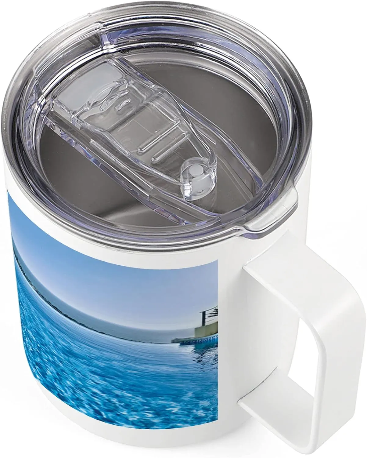 Lunarable Holiday 10 Oz Steel Mug, View from Infinity Swimming Pool Tropical Seaside Villa Seascape Travel Destination Print, Vacuum Insulated Leak-resistant Cup for Outdoor Hiking and Picnics, Blue